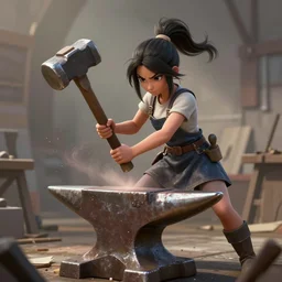 blacksmith cute girl hitting with a hammer, anvill, epic digital art illustration, wide angle, masterpiece, dynamic perspective, anatomy skills, outstanding detail, illustration, colorgrading, LUTs, octane render, redshift, simulation, | 28mm |, great composition, by sixmorevodka studio