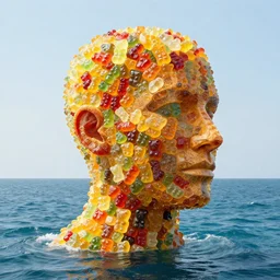 a giant sculpture made out of of gummy bears in a human head shape, on the surface of the ocean, in the style of chad knight, long shot, hyper detailed, hyper realistic, ray tracing, 8 k resolution, sharp focus, realistic water, award winning sculpture