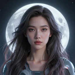 close up of a woman, with flowing, swirling long hair, sci - fi clothes. fine facial features. a 3 d render of a giant glowing moon. image by beeple, james jean, aeon flux, moebius, barclay shaw, aya takano color style, 8 k, super detailed, modern, 4 k, symmetrical