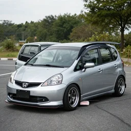 Honda Jazz 2006 with race spoiler, custom wheels, hyper realistic, 8k, car photography,