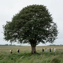 faeries gathered around an enormous, tree in the foreground of windy moor, visible horizon, kate bush, dreamy, flat grey sky