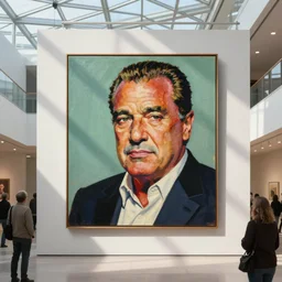 painting of Tony soprano in the style of Andy Warhol hung on the wall of a modern art gallery, huge atrium lots of natural light, spectators looking at the painting