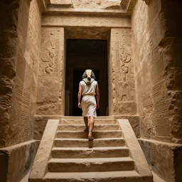 A Egyptian Archeologist walking down a staircase into a dark Ancient decorated Egyptian Sandstone tomb, retrofuturism, texture, volumetric lighting, high details,