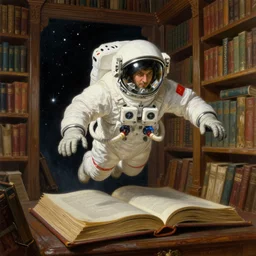 a neoclassicist illustration of ussr space cosmonaut fly inside big book old library, highly detailed fantasy science fiction portrait painting by mikhail vrubel and jeremy geddes.