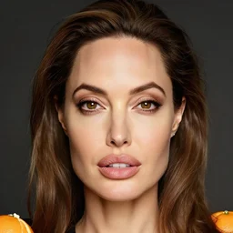 an orange with the face of angelina jolie