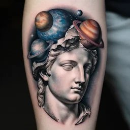 planets on the top of a broken renaissance head statue, tattoo design, hyper - realistic, in the style of tony santos