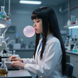 highly detailed, industrial photography, profile view of adult princess bubblegum from adventure time, working in her science lab, wearing lab coat, long bubblegum hair, long straight bangs, confident, beautiful, attractive, illustration concept art by nicoletta ceccoli, mark ryden, lostfish, detailed and intricate environment, 8 k resolution, hyperrealistic, octane render