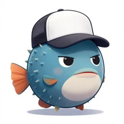 illustration of a round spikey blowfish wearing a trucker hat and a wry smirk by Asaf Hanuka,trending on artstation, gritty crime