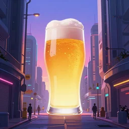 a beautiful and immaculate futuristic city. the silhouette of an oversized glass of beer in an alleyway. vaporwave ombre rendering. outrun style. trending on artstation. recommended for you behance. by chris moore. by edward hopper. beeple colors.