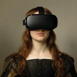 woman wearing vr - glasses renaissance painting by hieronymus bosch, digital art.