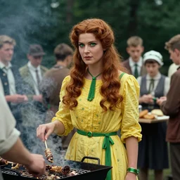 an image of a queen with tan skin long rippling cinnamon hair and emerald colored eyes in a medium full shot, vintage historical fantasy 1 9 3 0 s kodachrome slide german and eastern european mix. the queen is pictured attending a barbecue for youth volunteers. she is dressed in a yellow dress paired with green accessories.