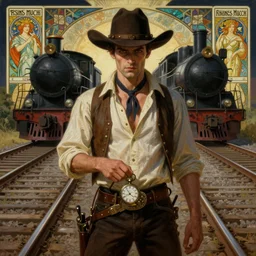 a dramatic ethereal epic symmetrical painting of a handsome villainous cowboy standing in front of railroad tracks with a train locomotive | his shirt is unbuttoned and he has a pocketwatch | tarot card, art deco, art nouveau, (steampunk), homoerotic, realistic | by Mark Maggiori and ((Alphonse Mucha)) | trending on artstation