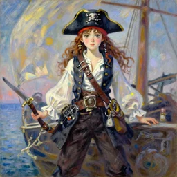 wide angle painting of a teenage pirate girl, a thrifty uniform, somewhat of an anime in impressionist style, trending artwork, illustrated in anime painter studio, by claude monet and an anime artist, collaboration
