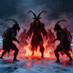 goat gods in hell in a frenzy of war, frozen lake of fire, red light, flames, darkness, photograph, realistic, john carpenter movie, cinematic