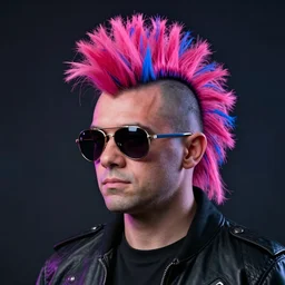 Coach Mcgurk, pink and blue mohawk hairstyle, aviator sunglasses, synthwave style, portrait, artstation, detailed, award winning, dramatic lighting
