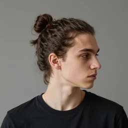 a skinny young white male with a dark brown man bun for hair