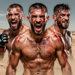 portrait of snarling UFC fighters, bloodied and bruised, desert background,
