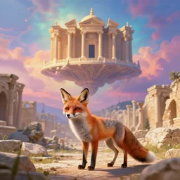 A beautiful small fox in the huge ruins of the second temple in Jerusalem Dreamy sky -- The third temple hovers quietly in the sky above -- Very colorful painting 8k trending on art station -- Intricate details, very realistic, cinematic lighting, volumetric lighting, photographic -- blur bokeh defocus dof sky. --w 1024 —h 512 - n 9 - s 150 - c 15