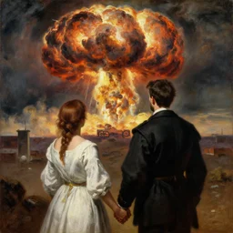 a couple holding hands looking at a nuclear explosion, oil painting, realism, very beautiful, painting by diego velazquez, francisco goya