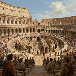 a historical depiction of an epic scene at the roman coliseum filled with spectators, in the style of greg rutkowski, giorgio vasari, digital painting, unreal engine, extremely detailed masterpiece