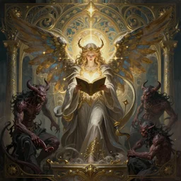 angel harbinger of light reading from the book of life and death, intricate, d & d, wide shot, wizard, powerful, fantasy, art nouveau, baroque style, digital painting, trending on artstation, sharp focus, wide shot, illustration, evil, demonic, monstrous, global illumination, ray tracing, art by artgerm and greg rutkowski and ruan jia