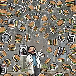 a mad scientist in his back yard laughing happily at the hamburgers which are falling from the sky , made by Stanley Artgerm Lau, WLOP, Rossdraws, ArtStation, CGSociety, concept art, cgsociety, octane render, trending on artstation, artstationHD, artstationHQ, unreal engine, 4k, 8k,