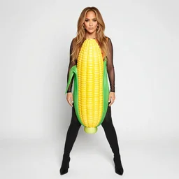 full body photo of jennifer lopez, she is wearing a funny kid's hallowen costume of corn on a cob