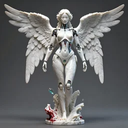 a statue made of a lot of blood, a lot of glass and white marble, of an gorgeous futuristic cybernetic angel girl, prostheses, transhumanism, full body shot, perfect symmetrical body, perfect symmetrical face, hyper realistic, hyper detailed, by johannen voss, by peter kemp, by monia merlo, by michelangelo, octane render, blender, 8 k