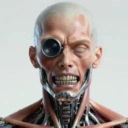 portrait of biomechanical human, one eye replaced with monocular lens, gritting teeth, metallic jaw, muscle striations visible, wet, 8k, color airbrush, by Simon Bisley