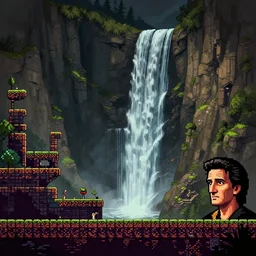 valley with cascades, ruins and johnny cash head statue gameplay still frame, pixel art, platformer, metroidvania, retro, splash screen, level design, high contrast, background, deep focus, highly detailed, dramatic lighting, digital painting, artstation, concept art, matte, greg rutkowski, moebius, illustration.