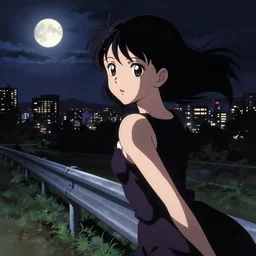 anime visual, dark portrait of an elegant girl sightseeing above the city at night in the park, moon, guardrail, cute face by yoh yoshinari, katsura masakazu, dynamic pose, dynamic perspective, ilya kuvshinov, strong silhouette, anime cels, 1 8 mm, rounded eyes, realistic proportions, dramatic, detailed facial features