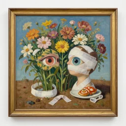 compressed flowers, morphed earth, ridiculed bandages, changed eye color, subliminal time travel, impossible food, concept love, valued at 2 million yen, museum - quality oil painting, traditional art, museum - quality oil painting