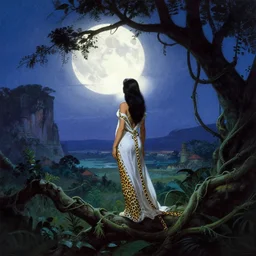 A beautiful jungle princess wearing leopard white robes stands on a huge vine silhouetted by an enormous moon at night looking out over an idyllic ancient valley, by Frank Frazetta