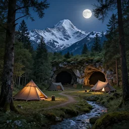 a medieval camp site in a forest and facing a snow - capped mountain range, cave entrance, highly detailed, night time, full moon, woodland creek