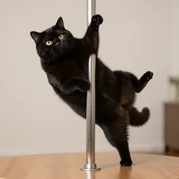 chubby black cat doing pole dance