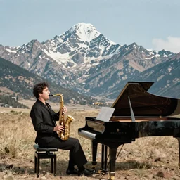 a landscape of a world where the mountains are saxophones and the ground is a piano, jazz, 1 9 4 0's