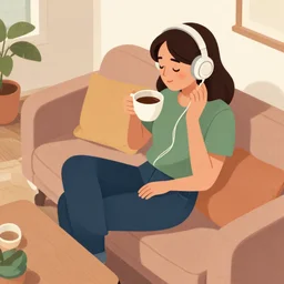 woman in a room drinking coffee on the couch and listening to music, overhead view, illustration by adrian tomine