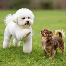 a bichon frise plays fetch with a cute brown long haired chihuahua cocker spaniel