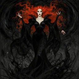 style of arthur rackham, artgerm, steve niles : : gorgeous mary elizabeth winstead : : evil sorceress, swirling black magic, black dress : : symmetrical face, symmetrical eyes : : full body pose : : gorgeous red hair : : cinematic lighting : :