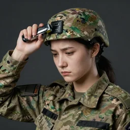 a female soldier holding a a stapler to her own head and looking depressed by monet realistic, high details
