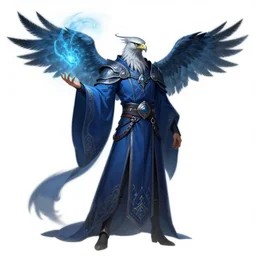 male warlock with the head of a hawk, wind magic, blue robes, exquisite details, full body character design, white background, by studio muti