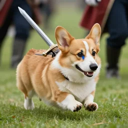 warrior corgi dog with a sword strapped to its back, runs off to do battle with the english, the corgi has a large blue face mark on its face, hyperreal, filmed in the style of john toll