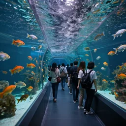 people observing lots of beautiful fish in an underground aquarium corridor, in the style of turine tran, fantasy art, ray tracing, water droplets, highly detailed, artstation trend, highly detailed and intricate, sharp focus, photography, unreal engine 5