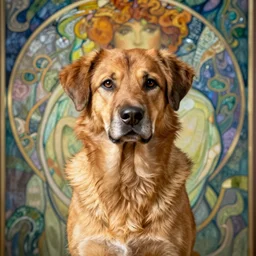 portrait of brown danish - swedish farmdog with a background in the style of mucha