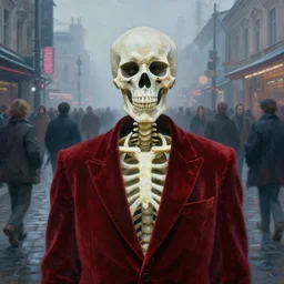 realistic detailed portrait painting of a single glowing skeleton wearing crimson velvet blazer in a foggy crowded futuristic moscow street by denis villenueve, amano, yves tanguy, alphonse mucha, ernst haeckel, ilya repin, edward robert hughes, andrei tarkovsky, roger dean, rich moody cold colours, closeup