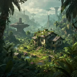 alien colony, abandoned house, jungle sifi, station, city, colonization by photo, atmosphere lighting, panoramic, art, living, 4 k, 8 k,