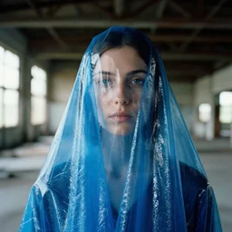 closeup portrait of a woman wrapped in blue cellophane, standing in an abandoned factory, color photograph, by john currin, canon eos c 3 0 0, ƒ 1. 8, 3 5 mm, 8 k, medium - format print