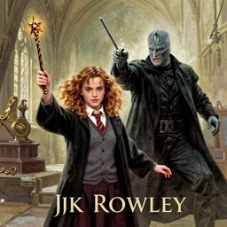 book by jk rowling, the cover art is emma watson as hermione granger, holding the elder wand, fighting voldemort, illustration by mary grandpre