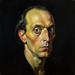 Oil painting with black background by Christian Rex Van Minnen Robert Williams Salvador Dali of a portrait of an extremely bizarre disturbing mutated man with intense chiaroscuro lighting perfect composition