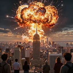 explosion high at sky, city full of skyscrapers, people watching up, beautiful detail and color, cinematic scene, art by john collier and albert aublet and krenz cushart and artem demura and alphonse mucha, volumetric lighting, octane render, 4 k resolution, matte, sharp focus, illustration, art by jacque - louis david, baroque style